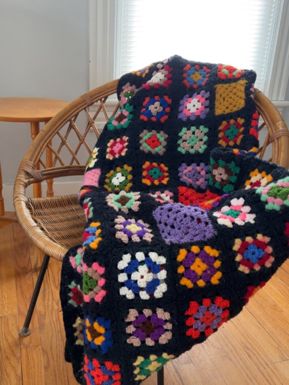Handmade Black Multicolor Crochet Granny Square Throw Blanket